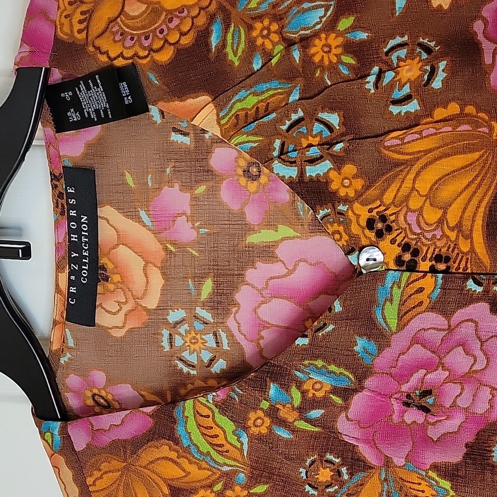 Crazy Horse Blouse New Floral Small Brown Orange Pink Green Blue - Picture 2 of 5